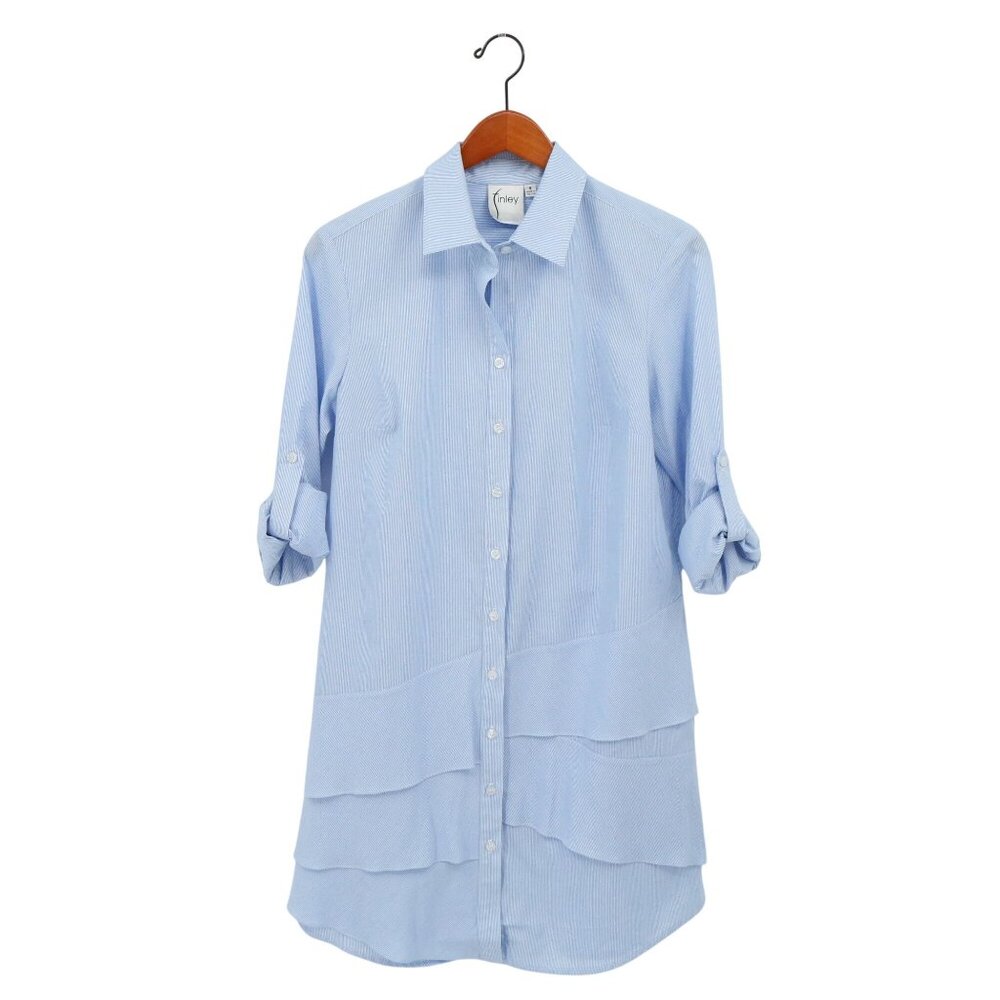 NWT Finley Jenna Striped Ruffled Tiered Shirt Dress Blue White Shirtdress S - Picture 3 of 8